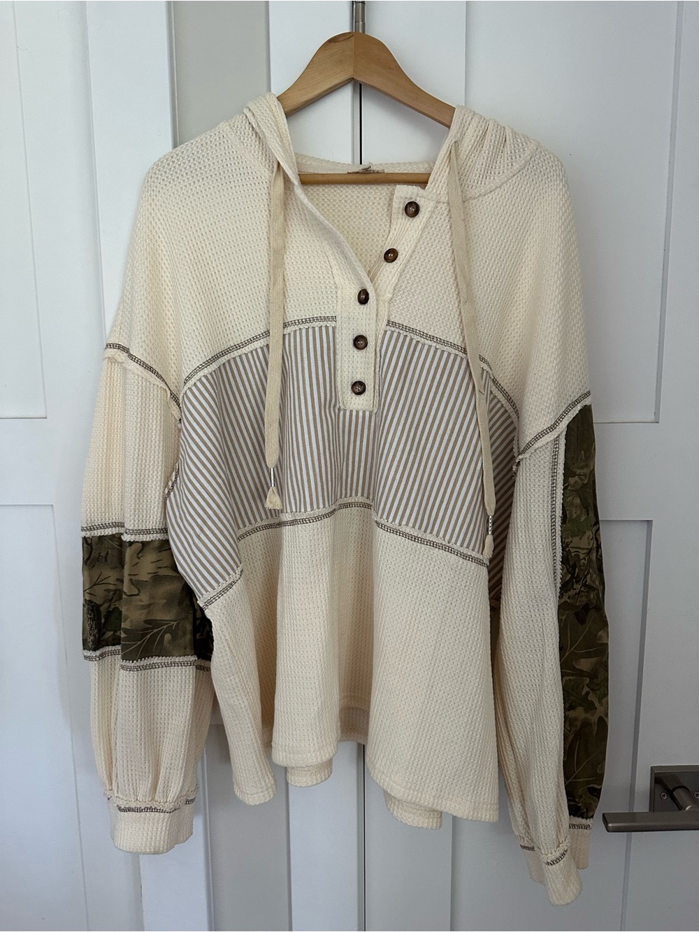 POL Cream Hooded Button Henley Pullover with Camouflage Sleeve Panels